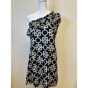 MUD PIE Dress Navy, White &‎ Gold Geometric Print 1 SHOULDER W/ Pom Pom Detail